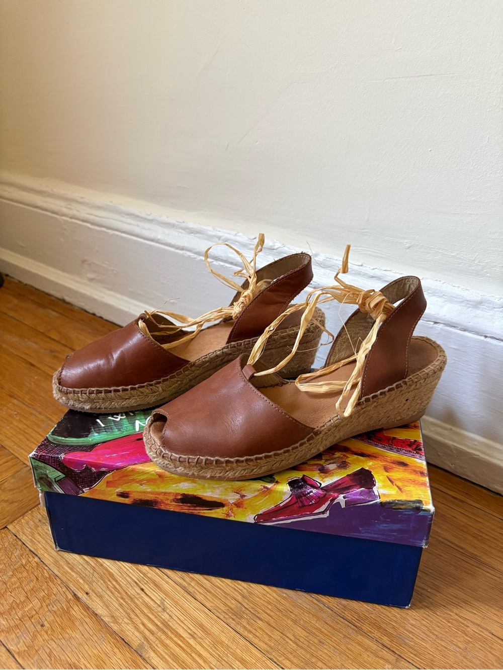 andre assous brown leather espadrille wedge sandals with raffia ties